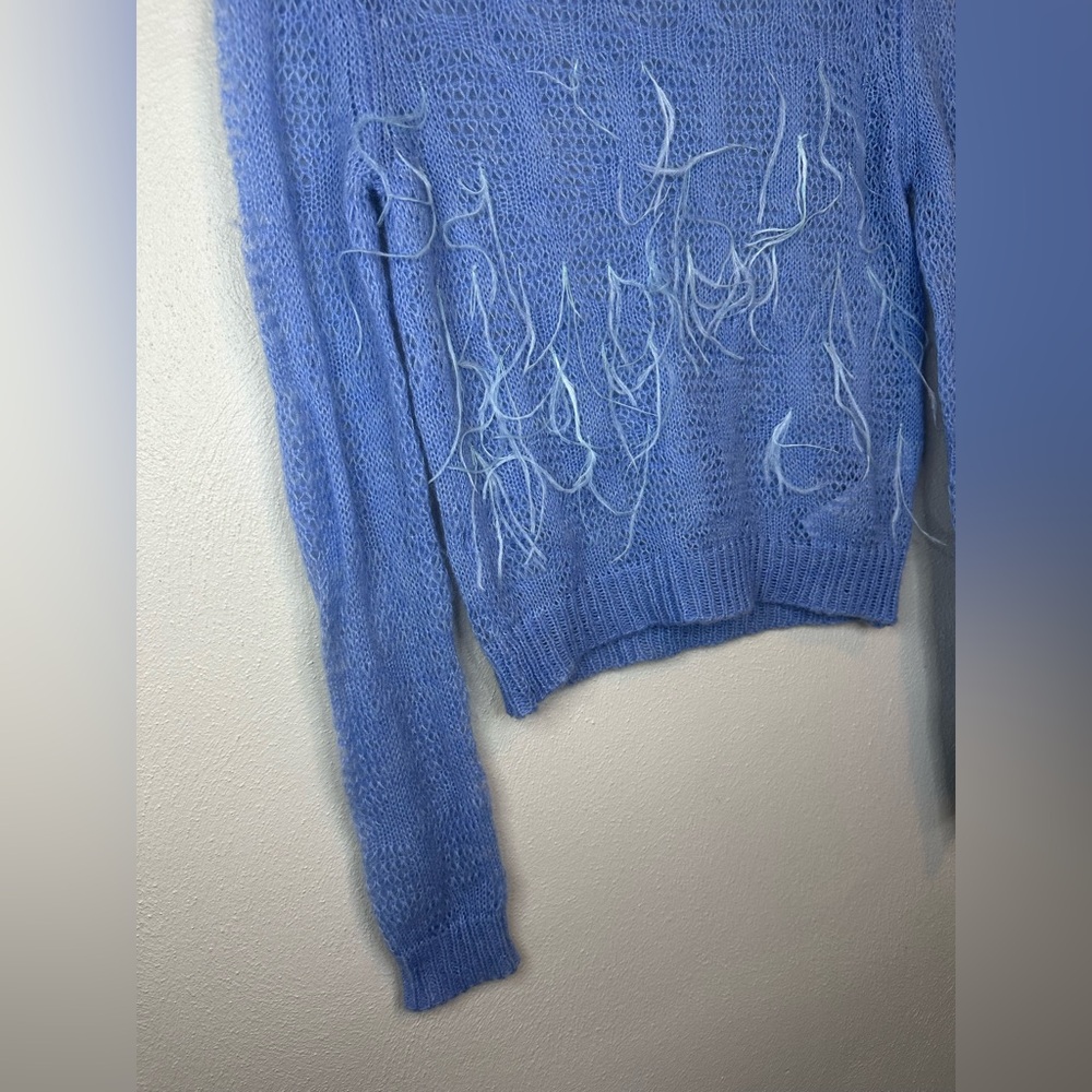 Zara Womens Knitted Sweater Pullover Feather Fringe Size M Blue Wool Blend - Picture 3 of 11